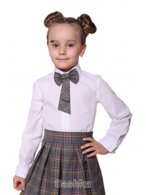 Краватка для дівчинки Sashka з бантом сіро-рожева клітинка